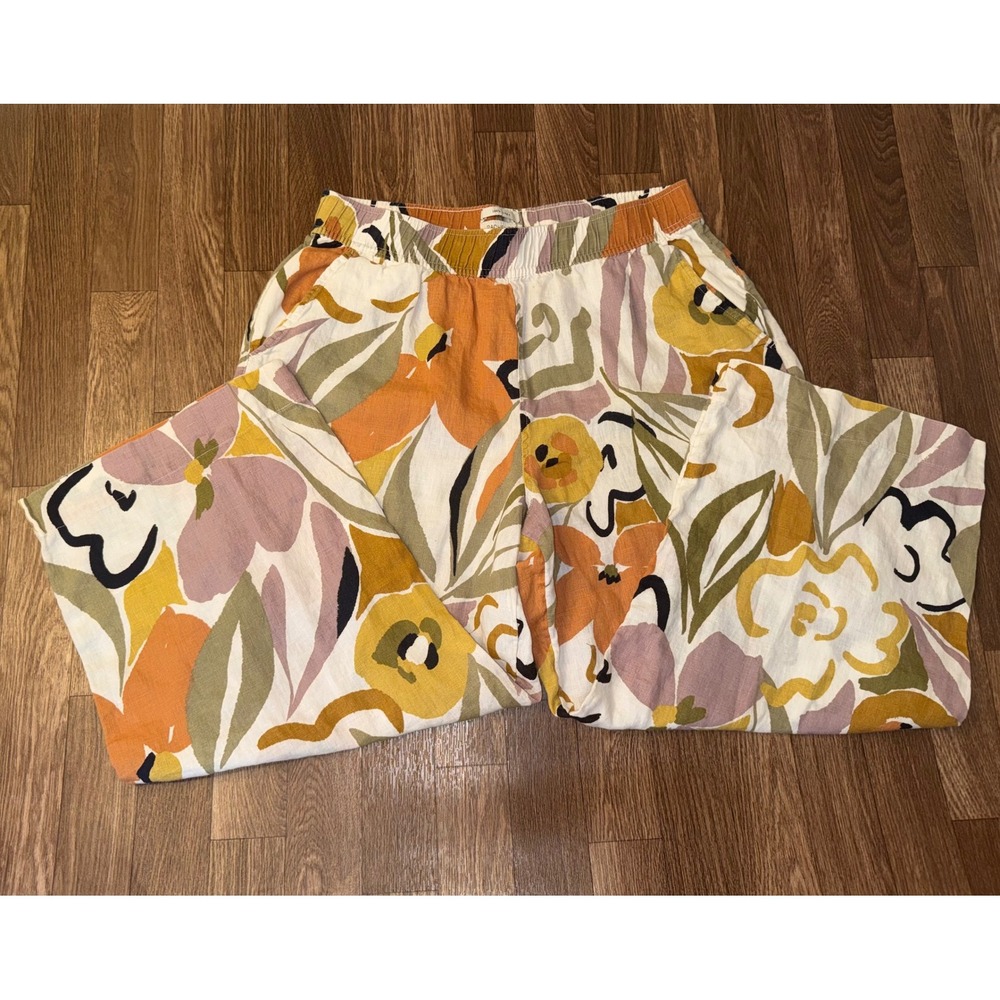 Rachel Zoe 100% Linen Wide Leg Pants Large Floral Abstract Boho High Rise Multi